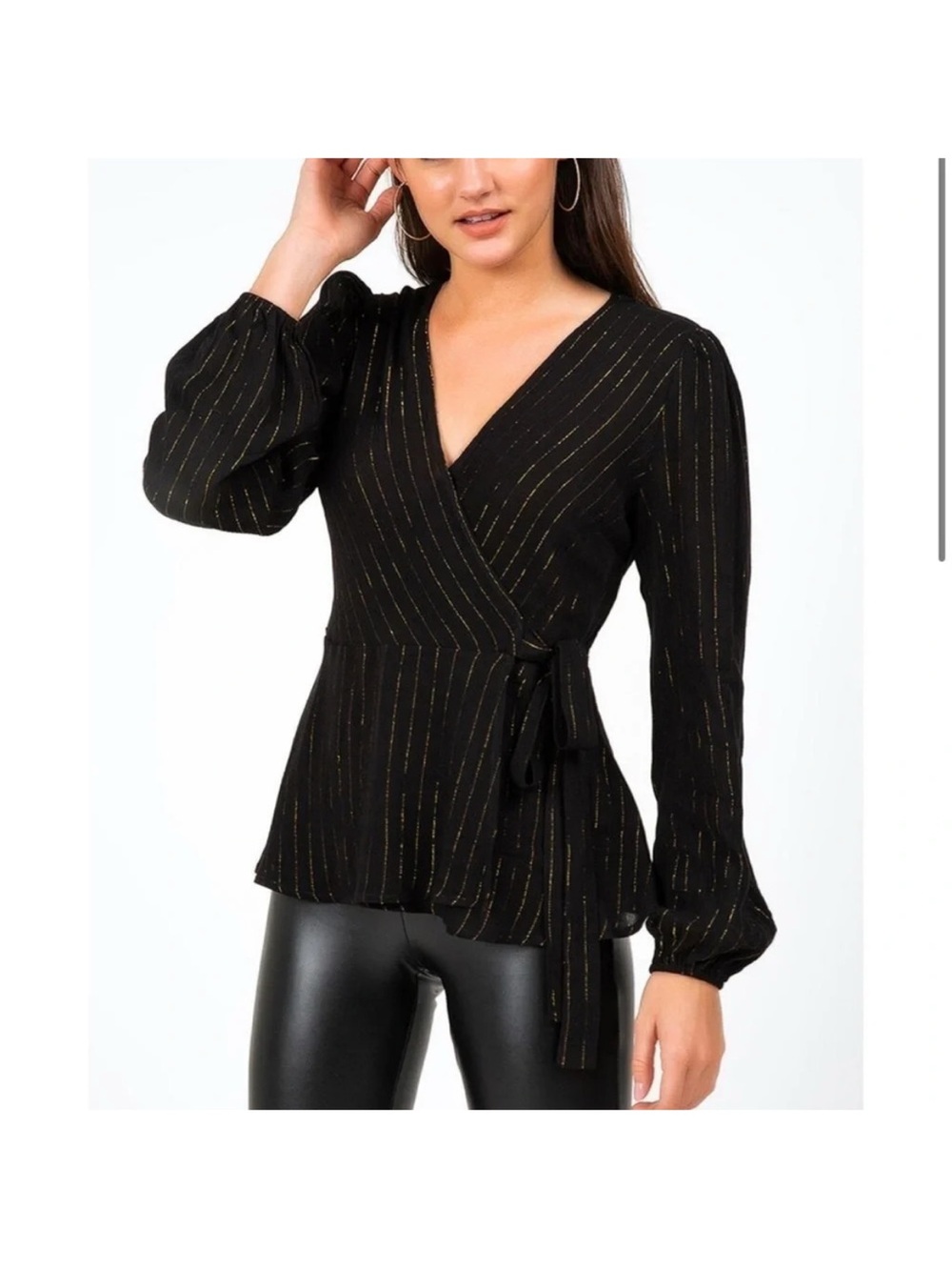 Francesca’s Jun and Ivy Black Wrap Blouse with Gold Stripe Detail